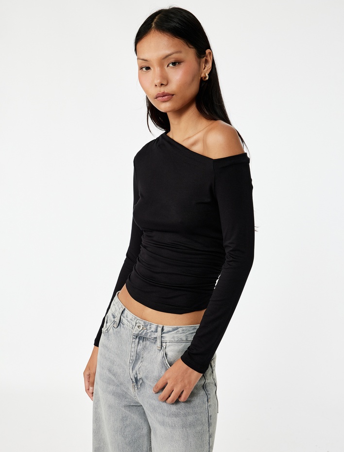  Slim Fit Omzu Açık Uzun Kollu Viskon Drapeli Tişört