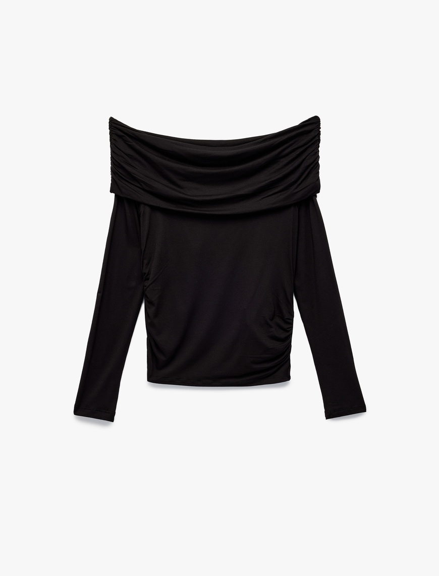   Slim Fit Omzu Açık Drapeli Uzun Kollu Viskon Tişört
