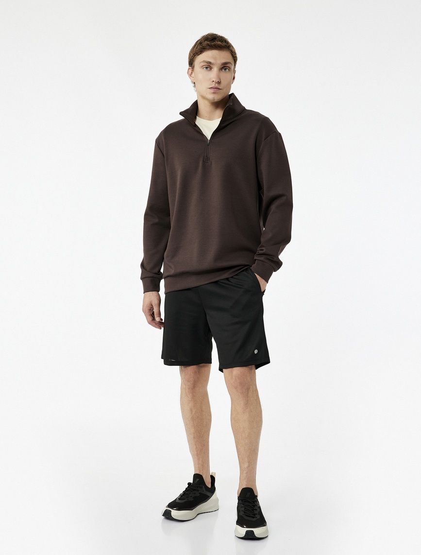   Pamuklu Uzun Kollu Dik Yaka Oversize Yarım Fermuarlı Spor Sweatshirt