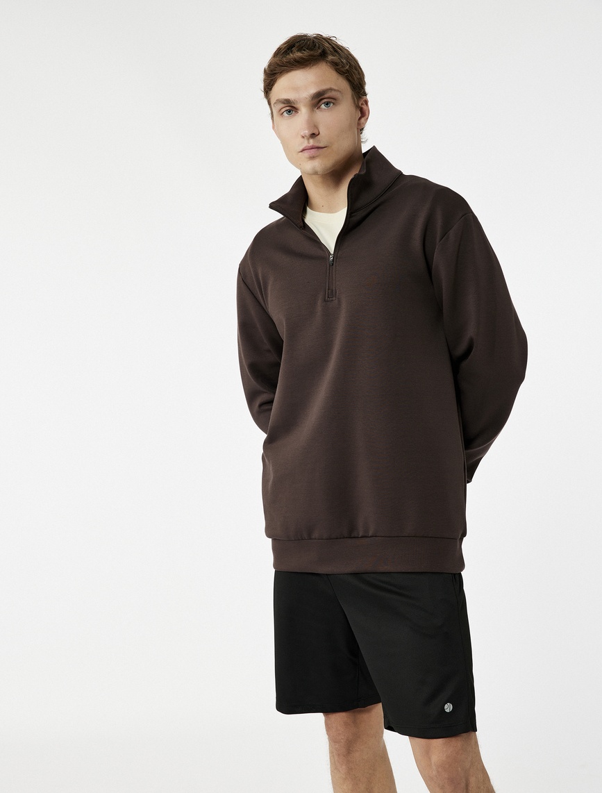   Pamuklu Uzun Kollu Dik Yaka Oversize Yarım Fermuarlı Spor Sweatshirt