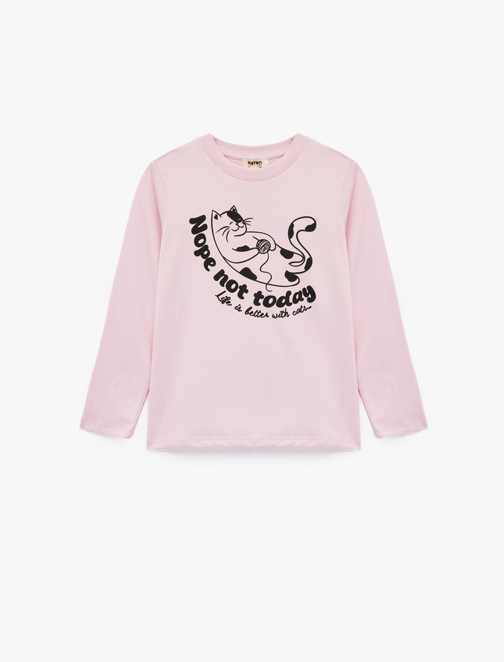 Kız Çocuk Pamuklu Bisiklet Yaka Kedi Baskılı Uzun Kollu Tişört