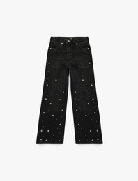 Pamuklu Loose Fit Zımba Detaylı Geniş Paça Denim Pantolon