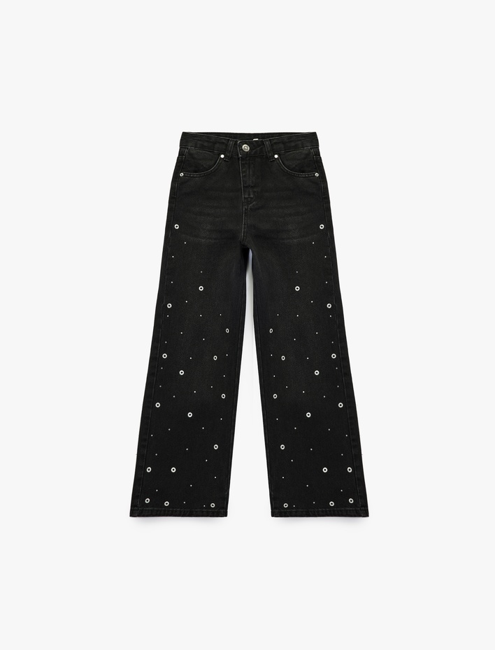 Kız Çocuk Pamuklu Loose Fit Zımba Detaylı Geniş Paça Denim Pantolon