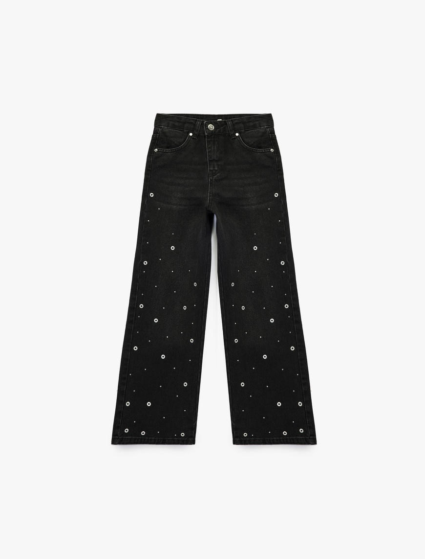  Kız Çocuk Pamuklu Loose Fit Zımba Detaylı Geniş Paça Denim Pantolon