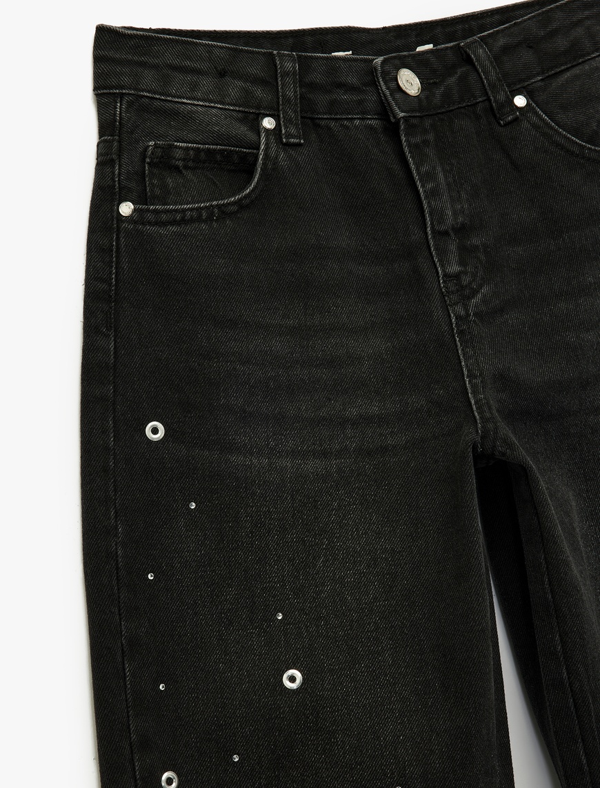  Kız Çocuk Pamuklu Loose Fit Zımba Detaylı Geniş Paça Denim Pantolon