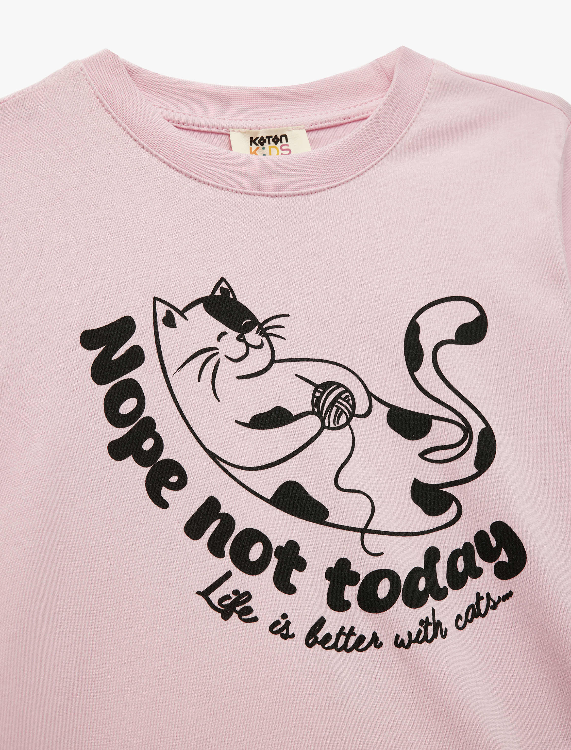  Kız Çocuk Pamuklu Bisiklet Yaka Kedi Baskılı Uzun Kollu Tişört