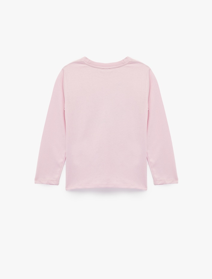 Kız Çocuk Pamuklu Bisiklet Yaka Kedi Baskılı Uzun Kollu Tişört