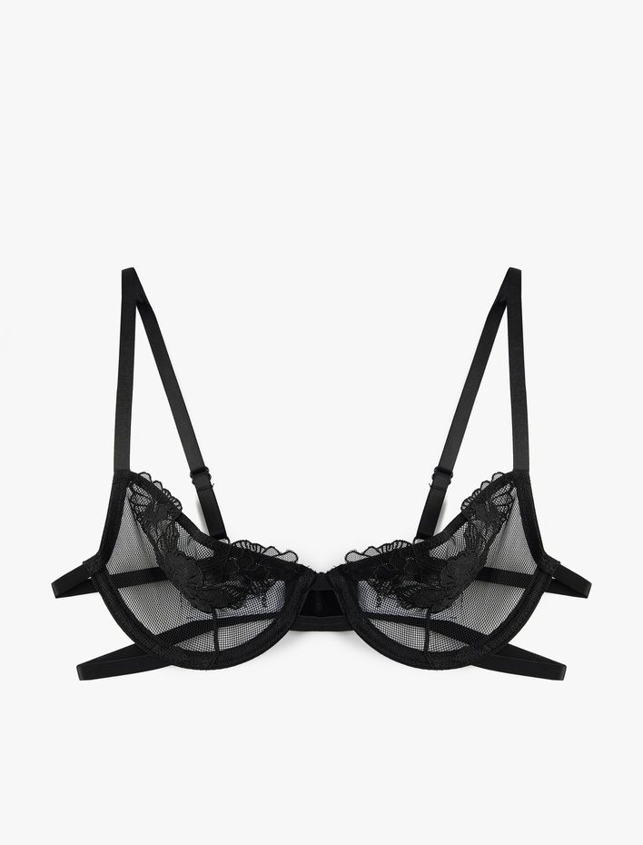  File Kumaş Çiçekli Tül Detaylı Dolgusuz Balenli Sütyen