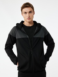 Renk Bloklu Fermuarlı Uzun Kollu Kapüşonlu Spor Sweatshirt