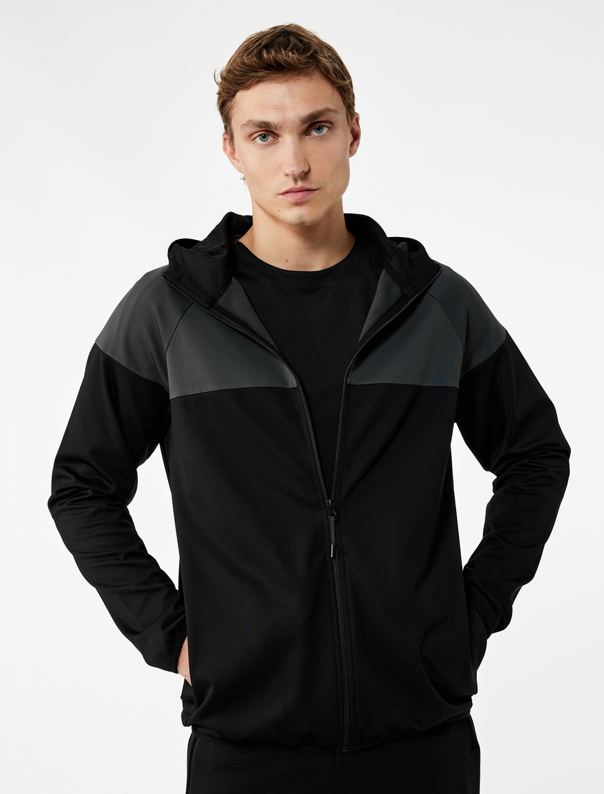   Renk Bloklu Fermuarlı Uzun Kollu Kapüşonlu Spor Sweatshirt