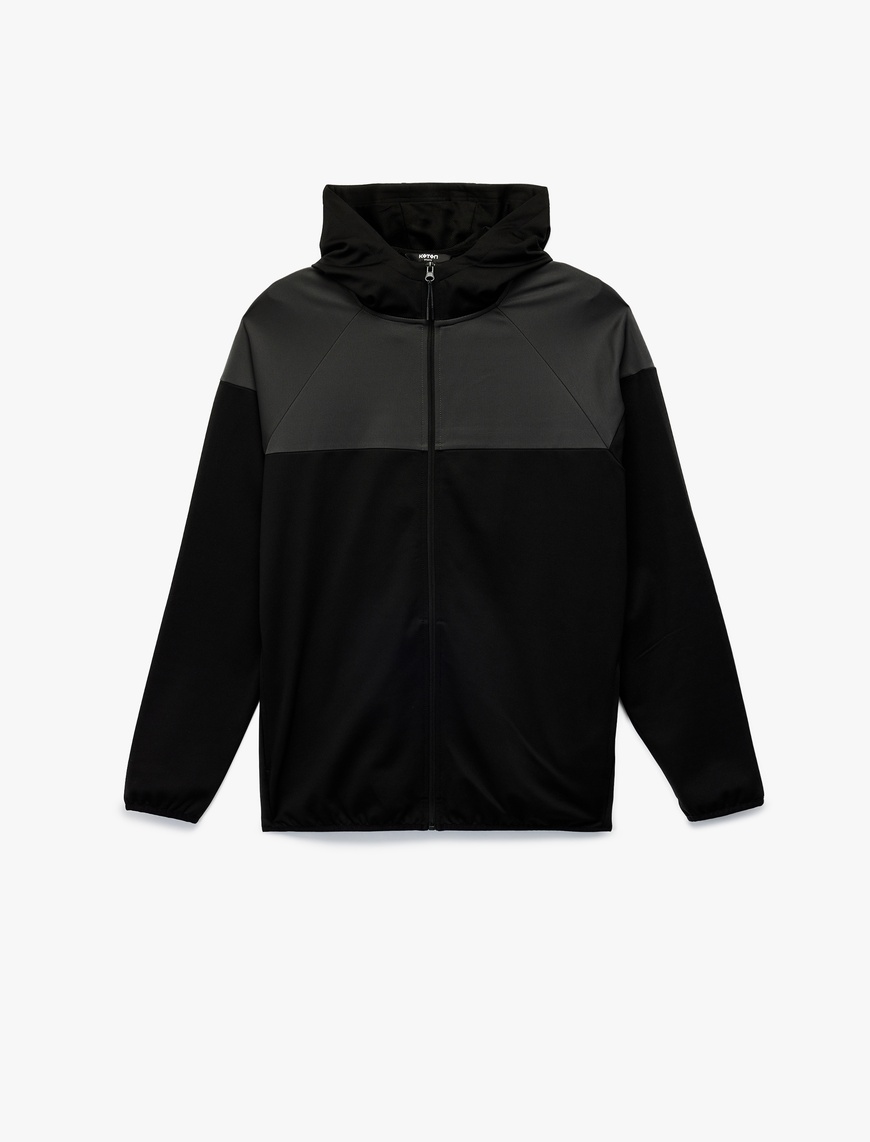   Renk Bloklu Fermuarlı Uzun Kollu Kapüşonlu Spor Sweatshirt