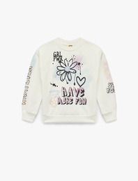 Uzun Kollu Bisiklet Yaka Baskılı Şardonlu Sweatshirt