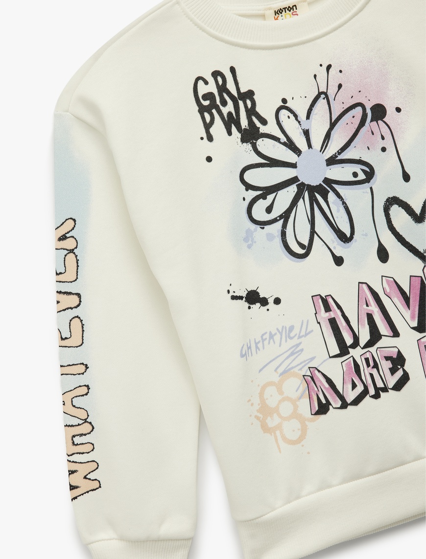  Kız Çocuk Uzun Kollu Bisiklet Yaka Baskılı Şardonlu Sweatshirt