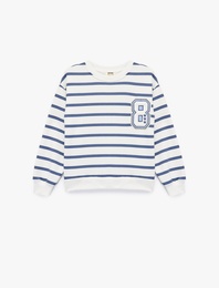 Şardonlu Bisiklet Yaka Uzun Kollu Nakış Detaylı Çizgili Sweatshirt