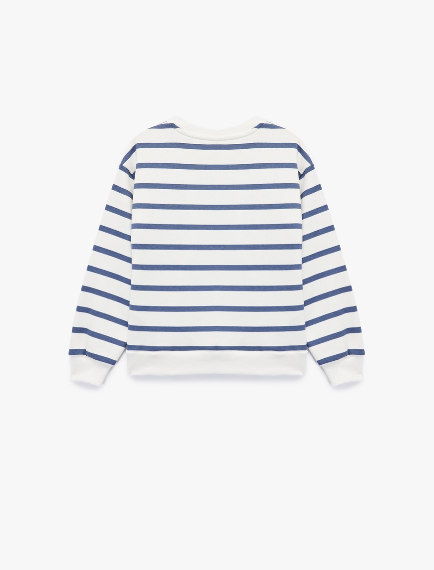  Kız Çocuk Şardonlu Bisiklet Yaka Uzun Kollu Nakış Detaylı Çizgili Sweatshirt