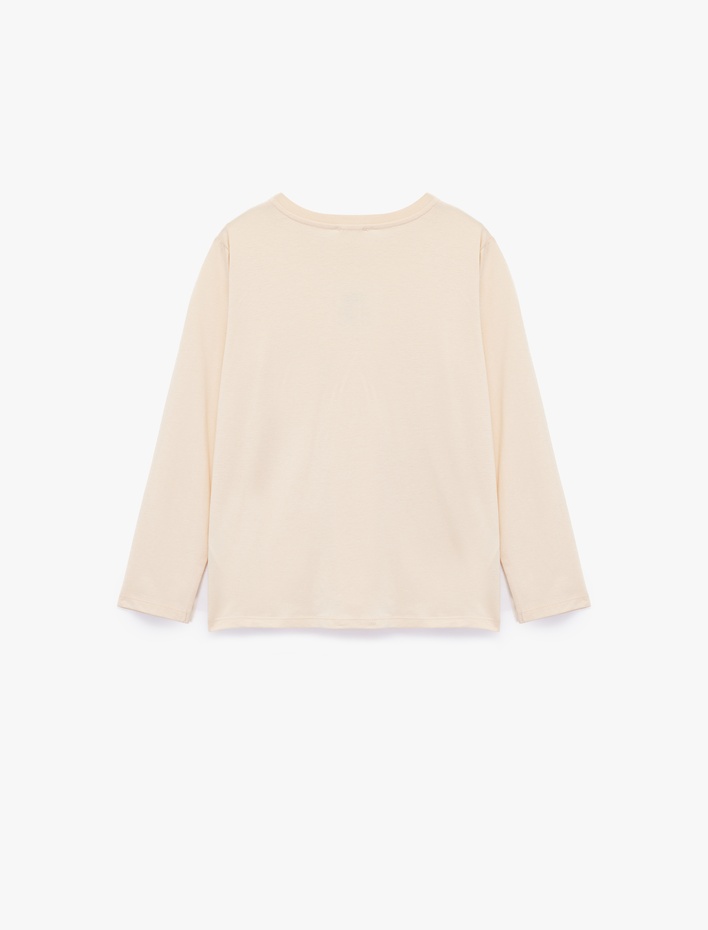 Kız Çocuk Uzun Kollu Bisiklet Yaka Nakışlı Pamuklu Tişört