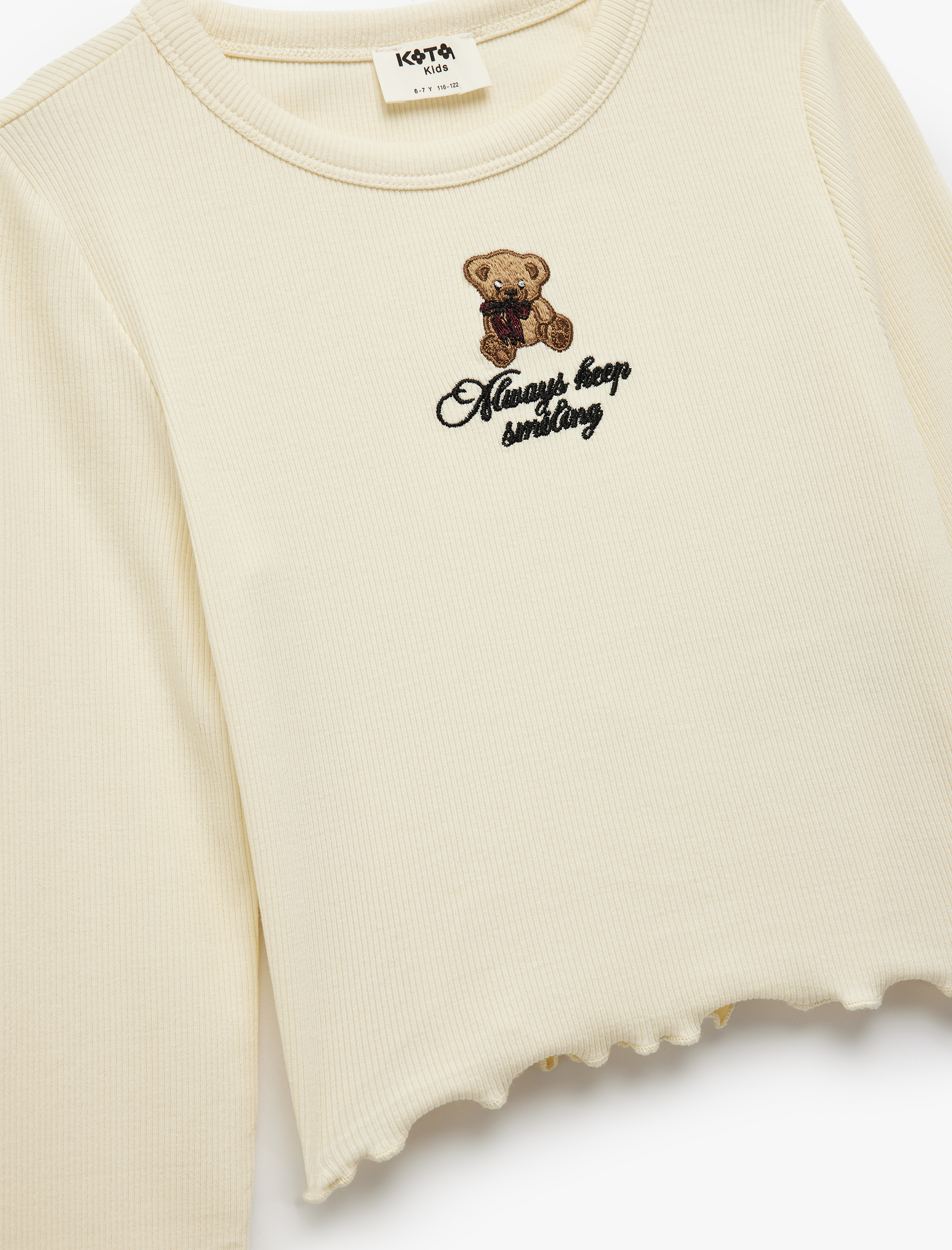  Kız Çocuk Uzun Kollu Bisiklet Yaka Ayıcık Nakışlı Pamuklu Tişört