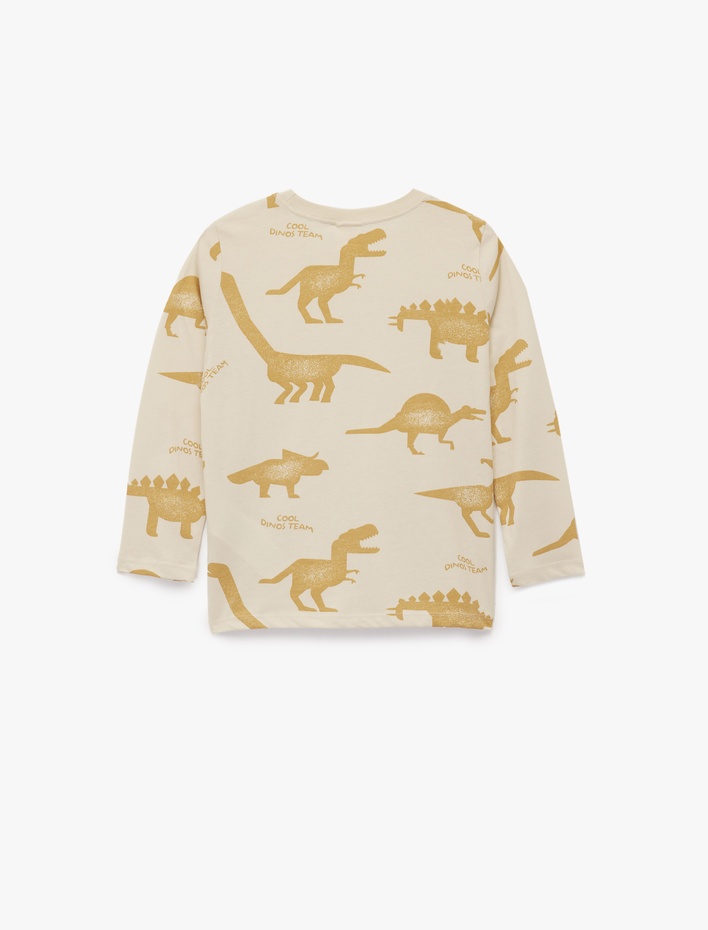 Erkek Bebek Uzun Kollu Bisiklet Yaka Dinozor Baskılı Pamuklu Tişört