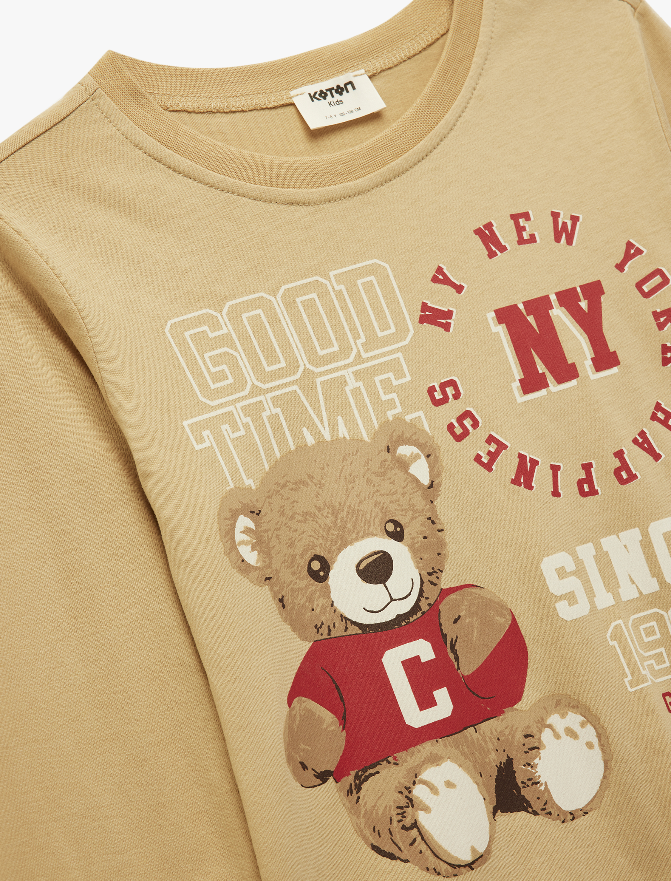  Kız Çocuk Ayıcık Baskılı Uzun Kollu Bisiklet Yaka Pamuklu Tişört