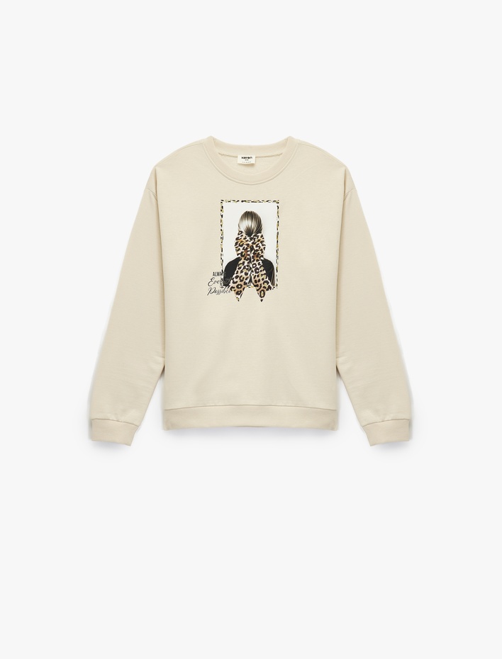 Kız Çocuk Şardonlu Uzun Kollu Bisiklet Yaka Pamuklu Baskılı Sweatshirt