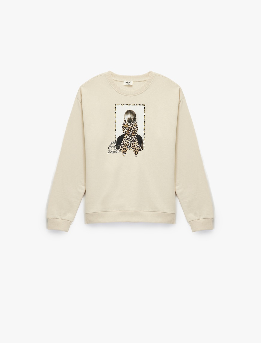  Kız Çocuk Şardonlu Uzun Kollu Bisiklet Yaka Pamuklu Baskılı Sweatshirt