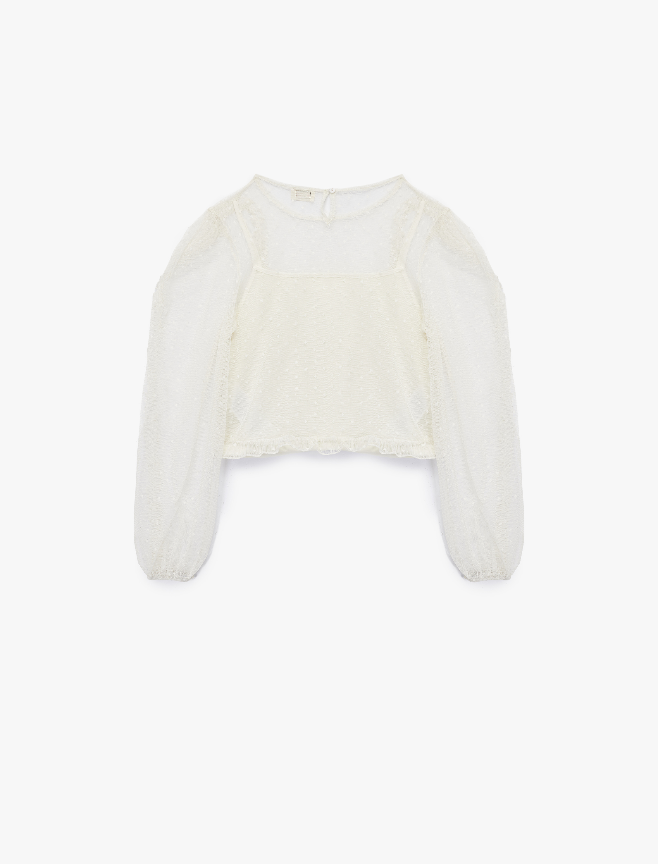  Kız Çocuk Fırfır Detaylı Bisiklet Yaka Balon Kollu Tül Detaylı Uzun Kollu Bluz