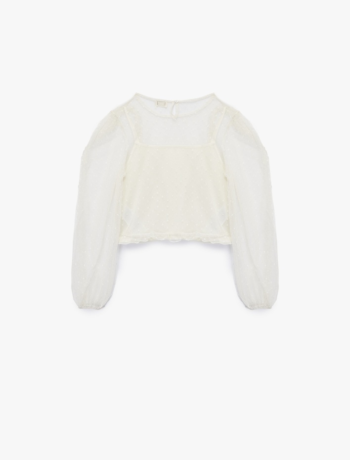 Kız Çocuk Fırfır Detaylı Bisiklet Yaka Balon Kollu Tül Detaylı Uzun Kollu Bluz