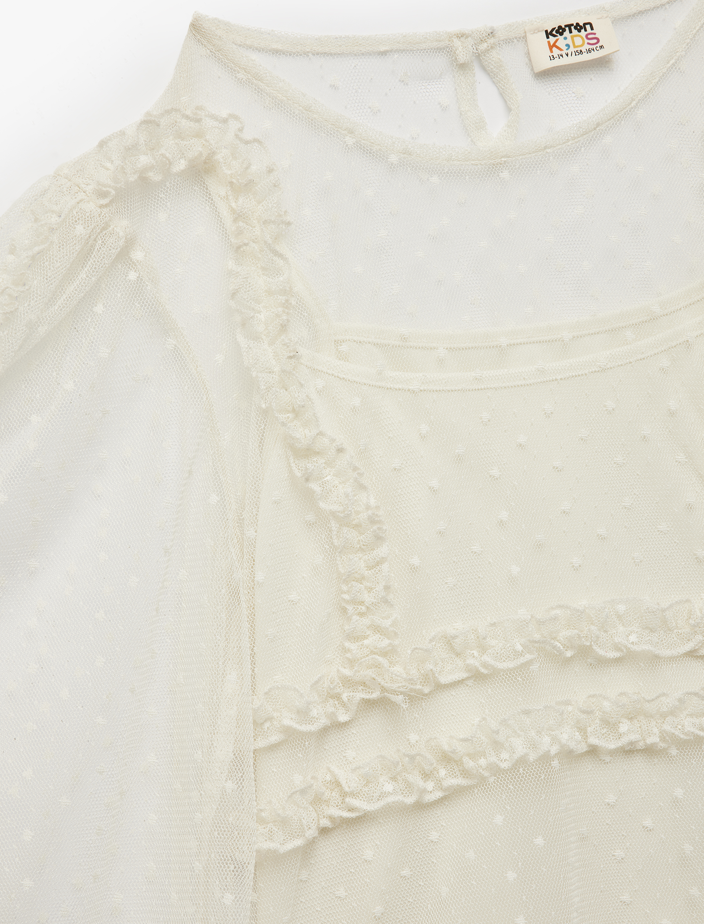  Kız Çocuk Fırfır Detaylı Bisiklet Yaka Balon Kollu Tül Detaylı Uzun Kollu Bluz