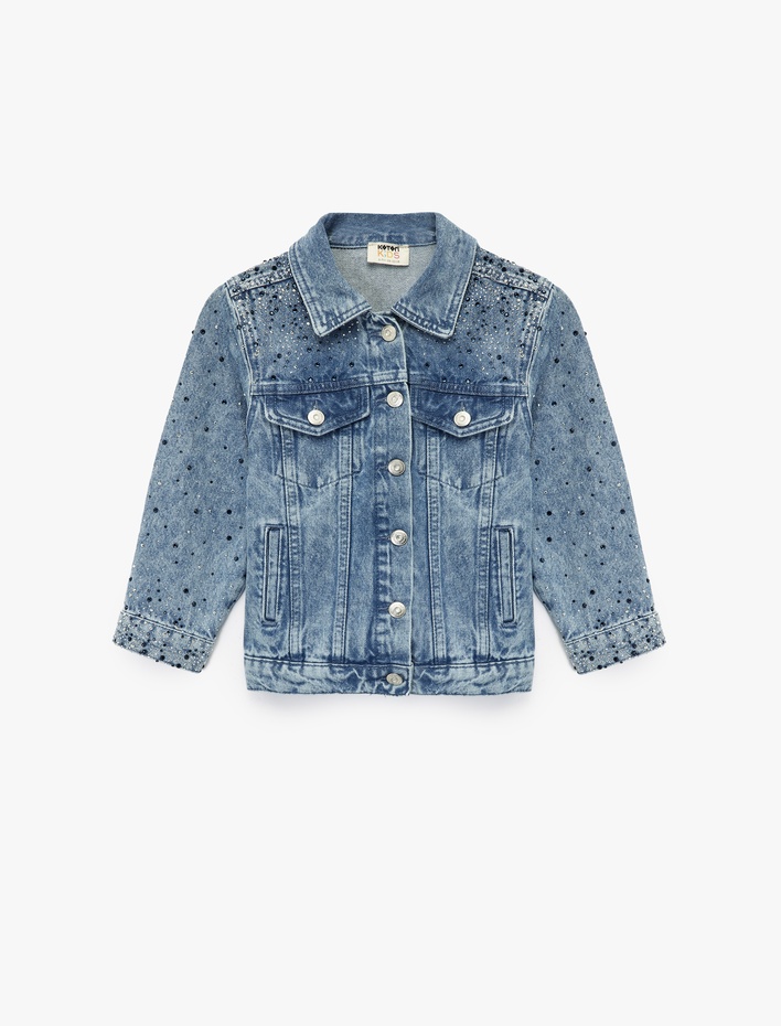 Kız Çocuk Pamuklu Kapaklı Cepli Düğmeli Uzun Kollu Denim Ceket