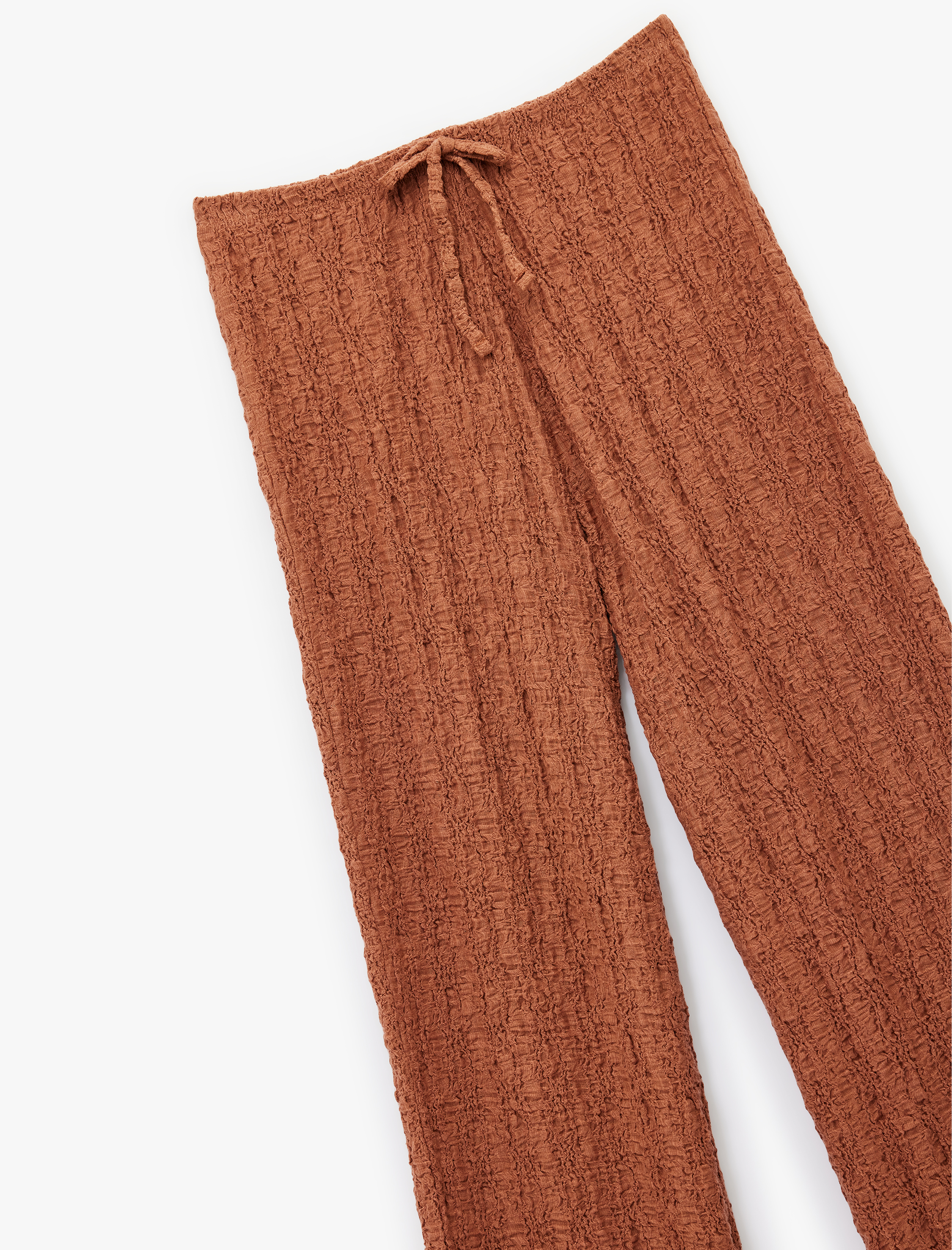   Beli Bağcıklı Dokulu Uzun Bol Paça Pantolon