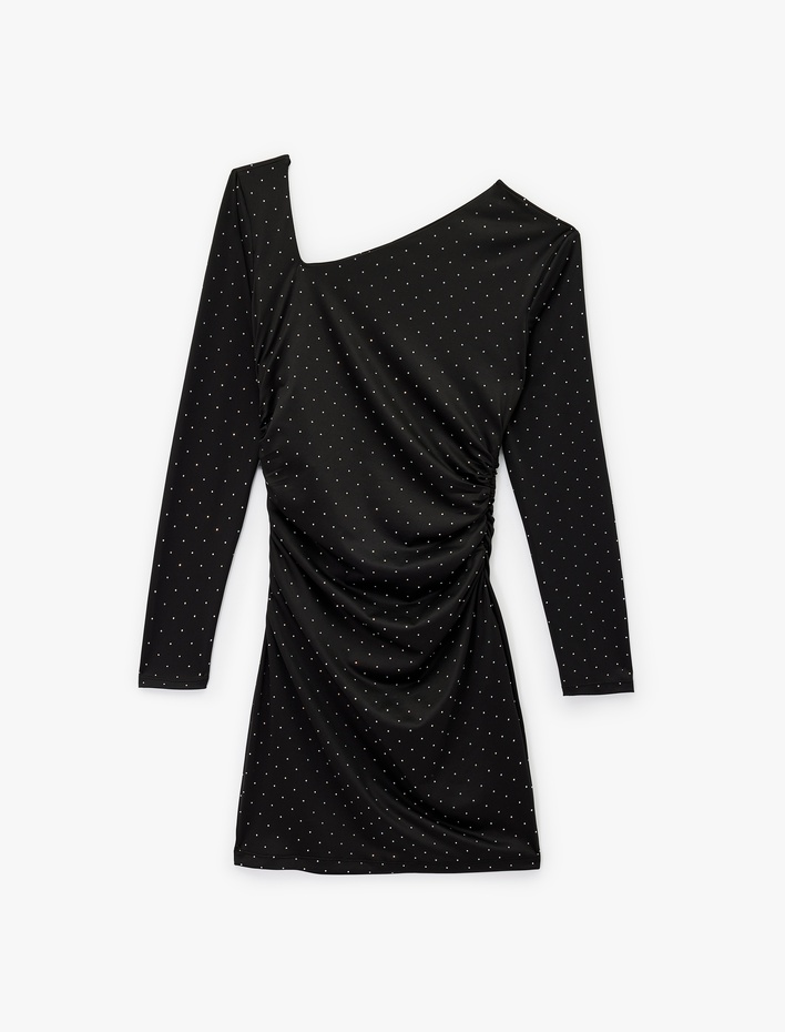  Uzun Kollu Asimetrik Yaka Slim Fit Bodycon Taşlı Mini Abiye Elbise