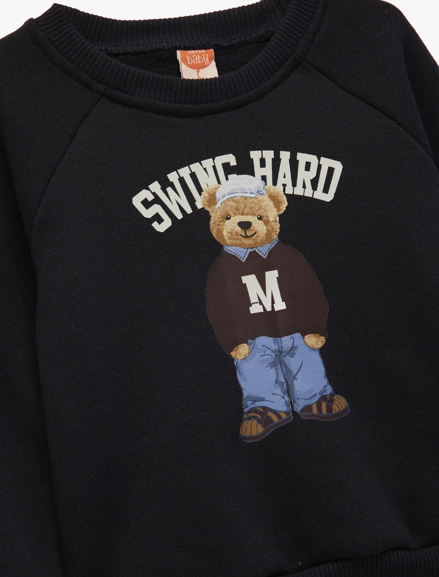  Erkek Bebek Uzun Kollu Bisiklet Yaka Ayıcık Baskılı Sweatshirt