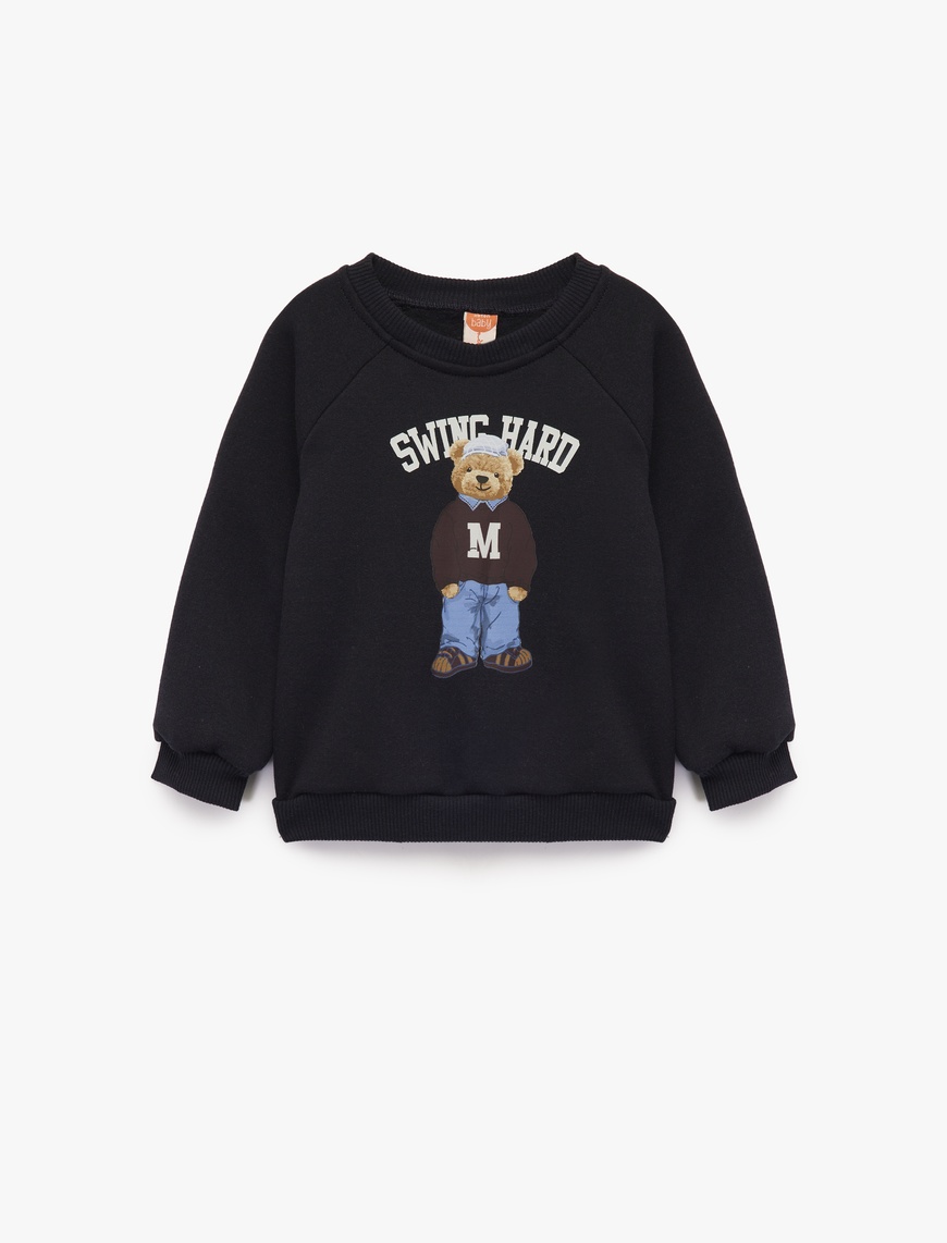  Erkek Bebek Uzun Kollu Bisiklet Yaka Ayıcık Baskılı Sweatshirt