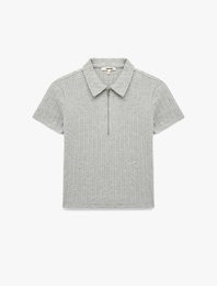 Slim Fit Saç Örgü Dokulu Kısa Kollu Fermuarlı Polo Yaka Tişört