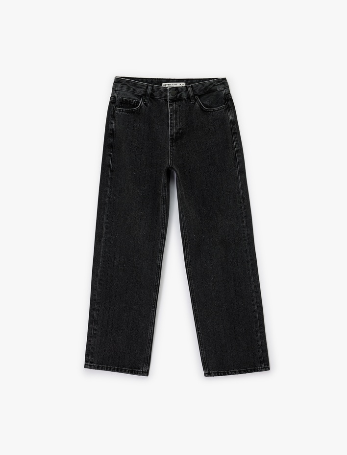  Normal Bel Düz Paça Pamuklu Taşlı Jean Pantolon - Straight Jeans