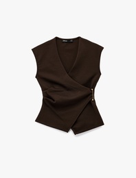 Slim Fit V Yaka Metal Aksesuarlı Kruvaze Yelek