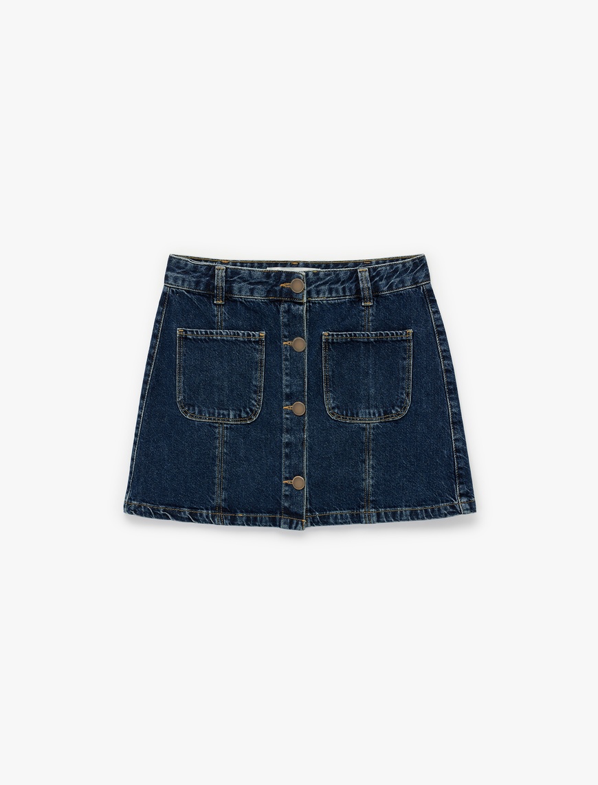   Pamuklu Düğmeli Cep Detaylı Mini Denim Etek