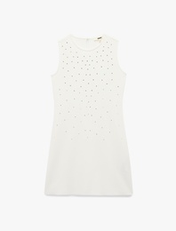 Slim Fit Kolsuz Bisiklet Yaka Taşlı Mini Elbise