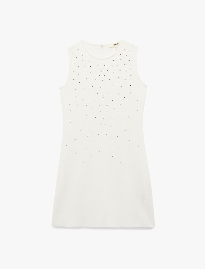  Slim Fit Kolsuz Bisiklet Yaka Taşlı Mini Elbise