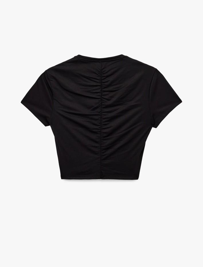  Slim Fit Büzgülü Kısa Kollu Bisiklet Yaka Viskon Crop Spor Tişört