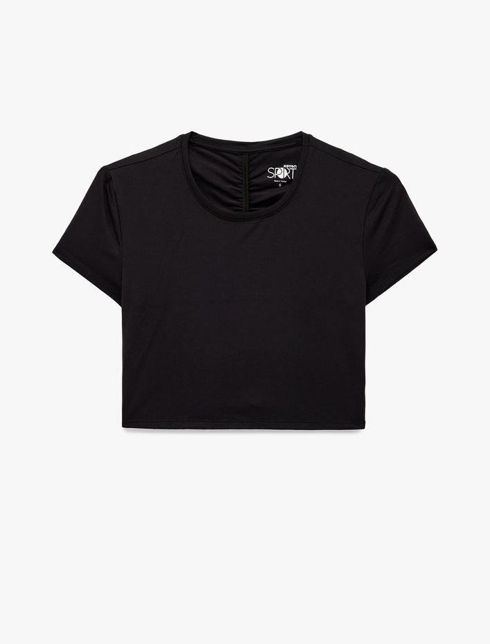  Slim Fit Büzgülü Kısa Kollu Bisiklet Yaka Viskon Crop Spor Tişört