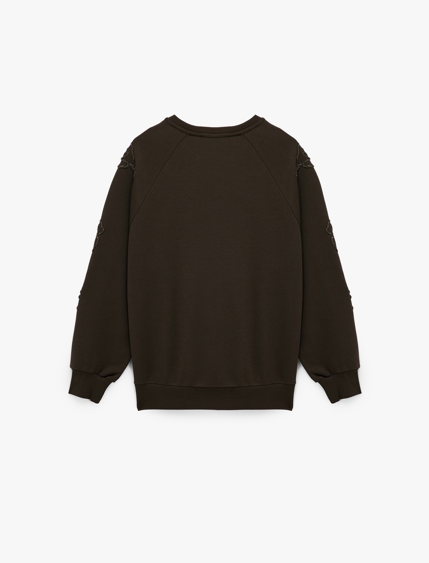   Uzun Kollu Bisiklet Yaka Çiçekli Boncuk Nakış Detaylı Sweatshirt