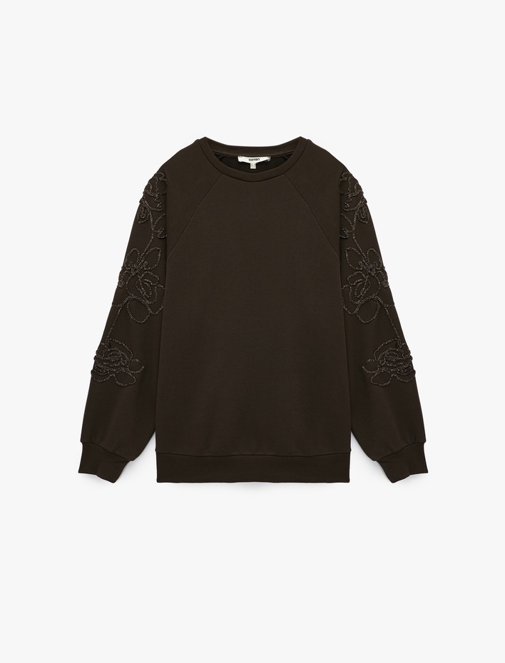  Uzun Kollu Bisiklet Yaka Çiçekli Boncuk Nakış Detaylı Oversize Sweatshirt