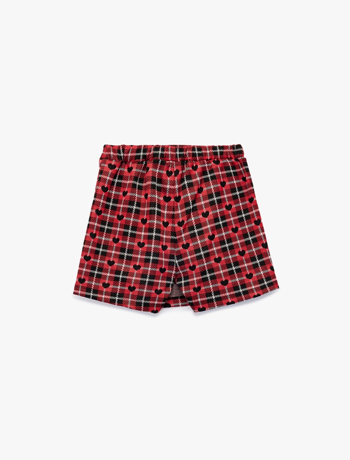 Kız Çocuk Ekose Desenli Kalp Baskılı Şort Etek