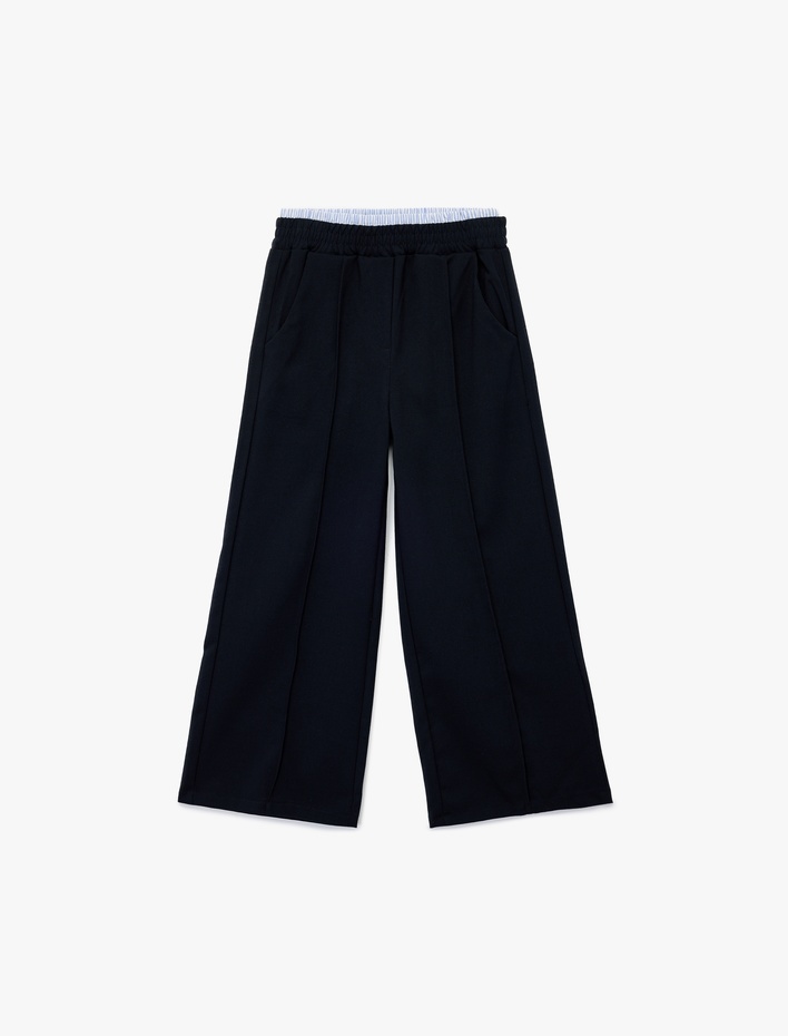 Kız Çocuk Beli Lastikli Viskon Karışımlı Basic Geniş Paça Pantolon