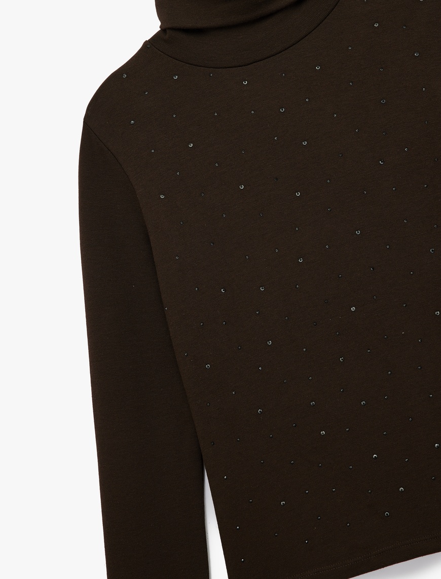   Slim Fit Boncuk İşleme Detaylı Uzun Kollu Balıkçı Yaka Tişört