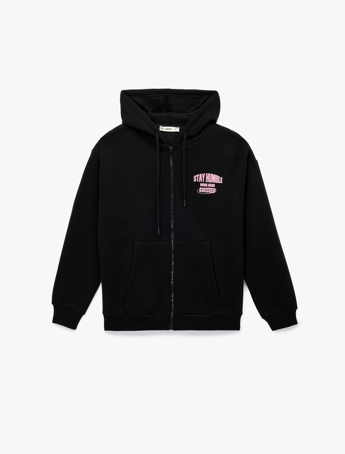  Arkası Baskılı Uzun Kollu Fermuarlı Kapüşonlu Şardonlu Oversize Sweatshirt