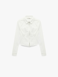 Klasik Yaka Korse Görünümlü Slim Fit Uzun Kollu Crop Fermuarlı Gömlek
