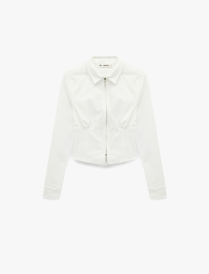  Klasik Yaka Korse Görünümlü Slim Fit Uzun Kollu Crop Fermuarlı Gömlek