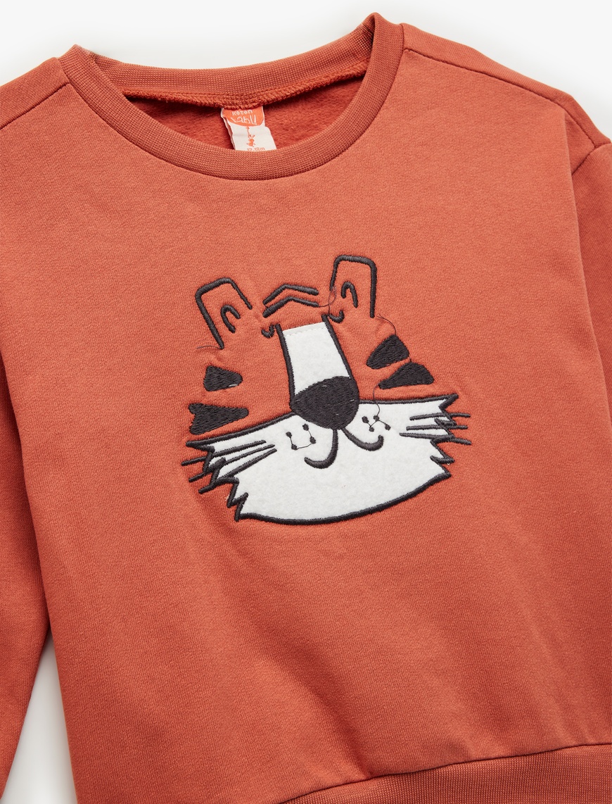  Erkek Bebek Şardonlu Kaplan İşlemeli Uzun Kollu Bisiklet Yaka Sweatshirt